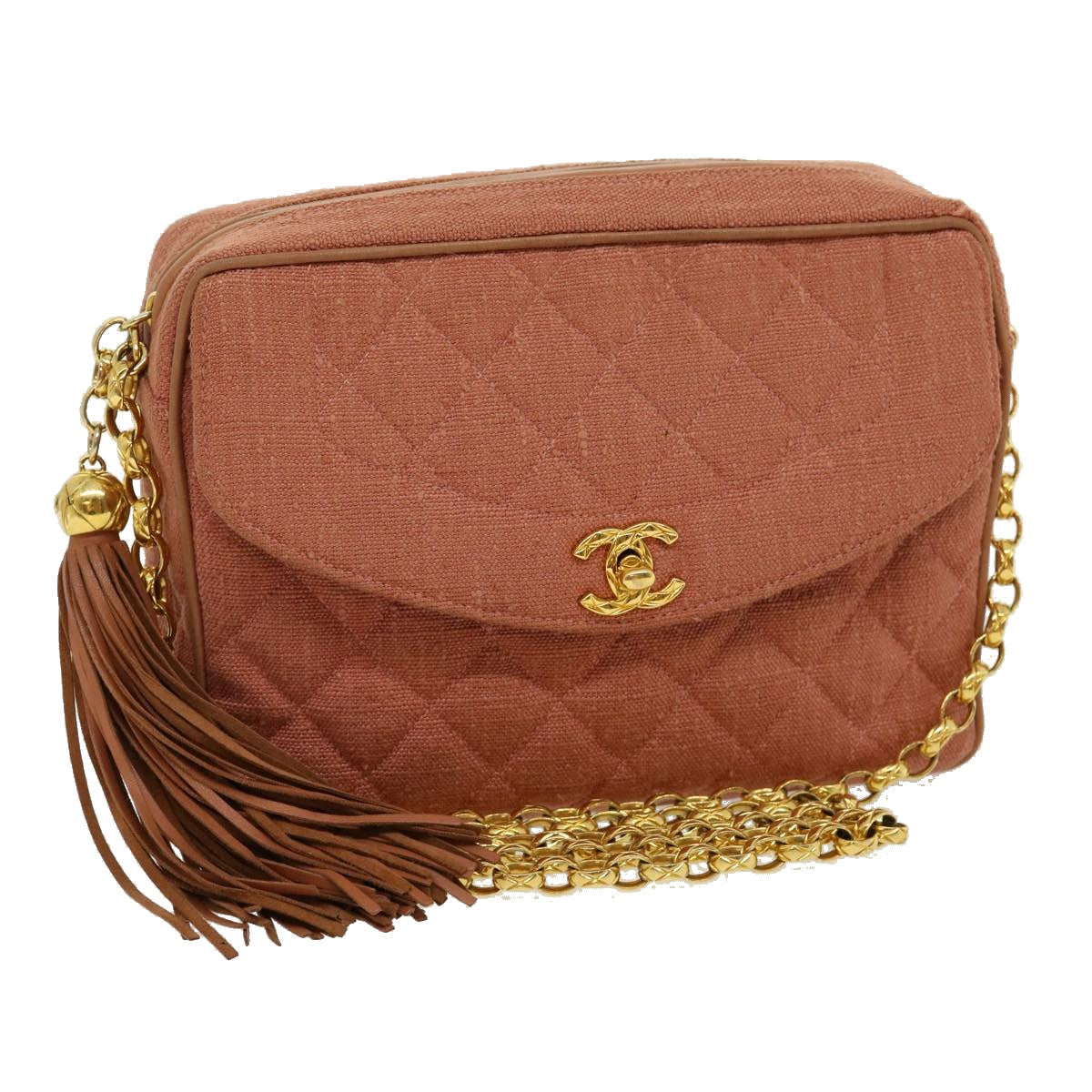 Luxury Chanel Diana Turn Lock Chain Shoulder Bag Linen Fringe Pink CC  30153A