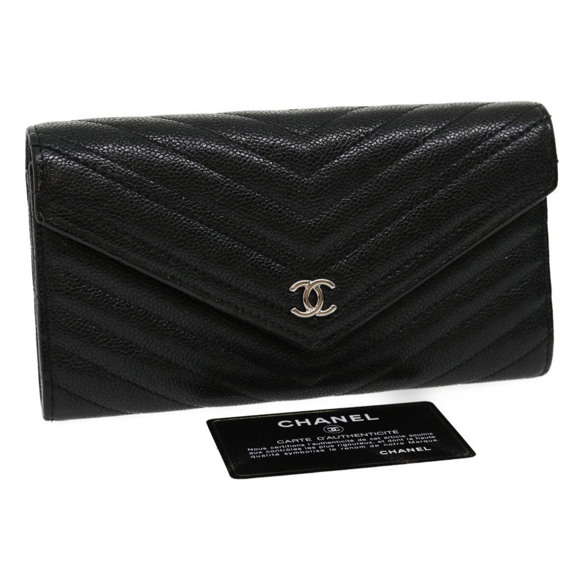 Luxury Chanel V stitch Long Wallet Caviar Skin Black CC  30285A