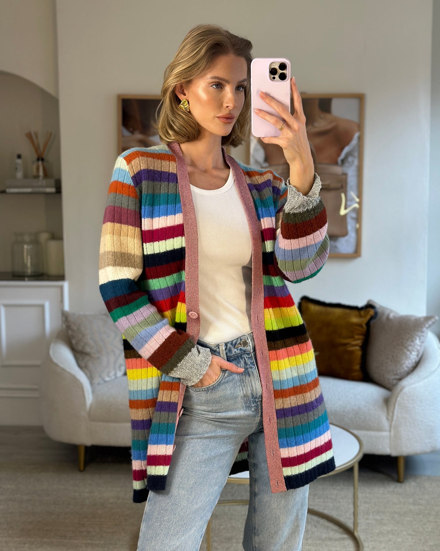 Luxury Gucci Multicoloured Cashmere Cardigan with Metallic Cuff & Collar Detail Size XL (UK 10-14)
