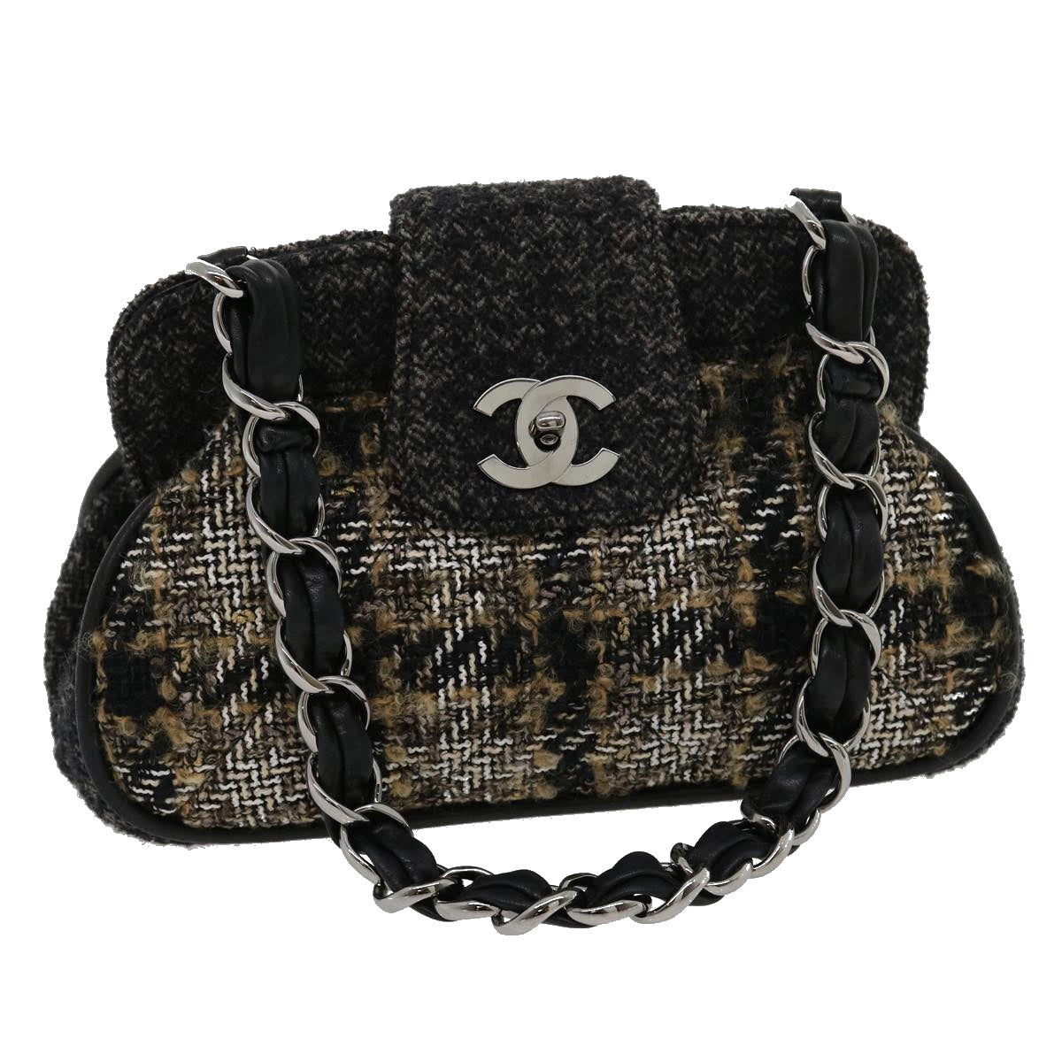 Luxury Chanel Turn Lock Chain Shoulder Bag Wool Gray CC  30734A