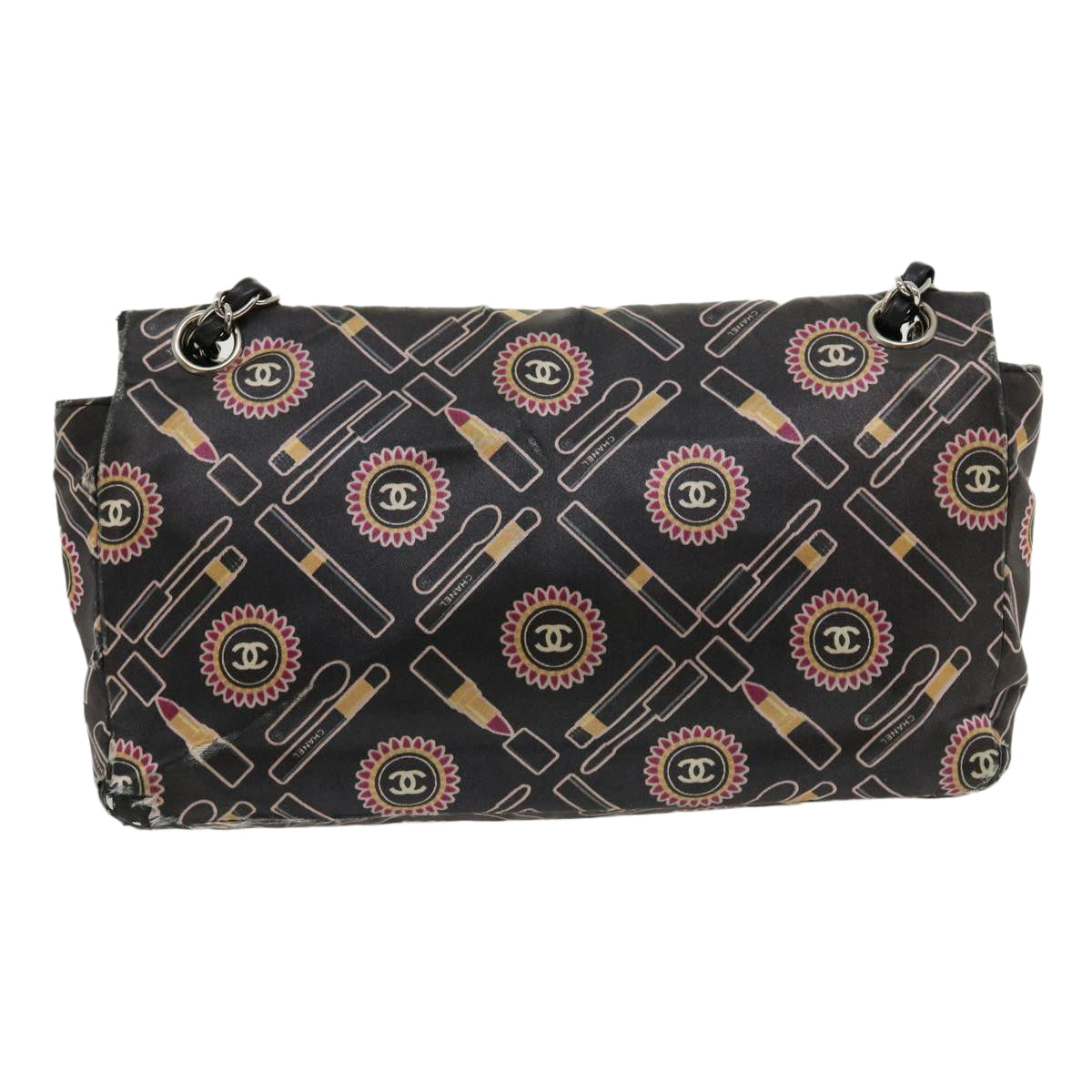 Luxury Chanel Lip Chain Turn Lock Shoulder Bag Satin Black CC  30892