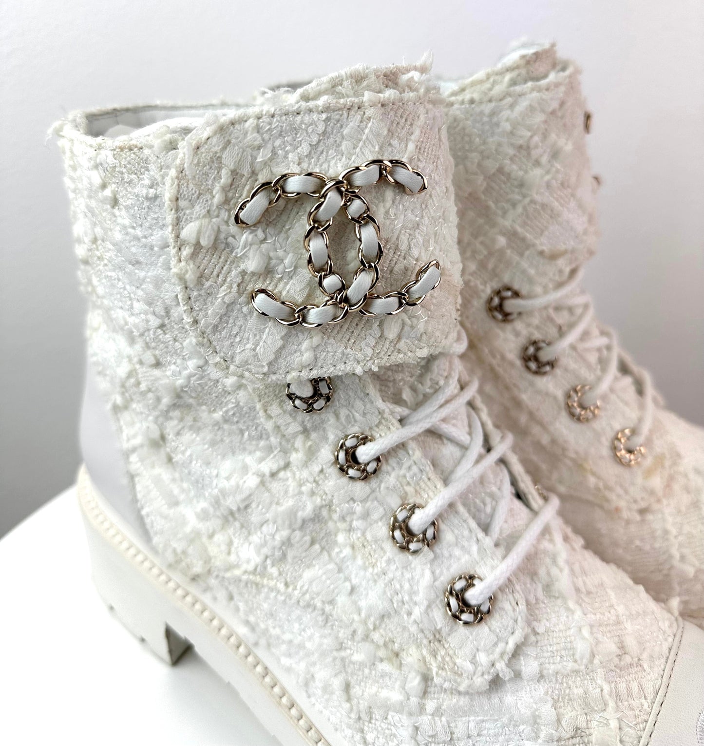 Chanel Women Lace Up Boots White Tweed