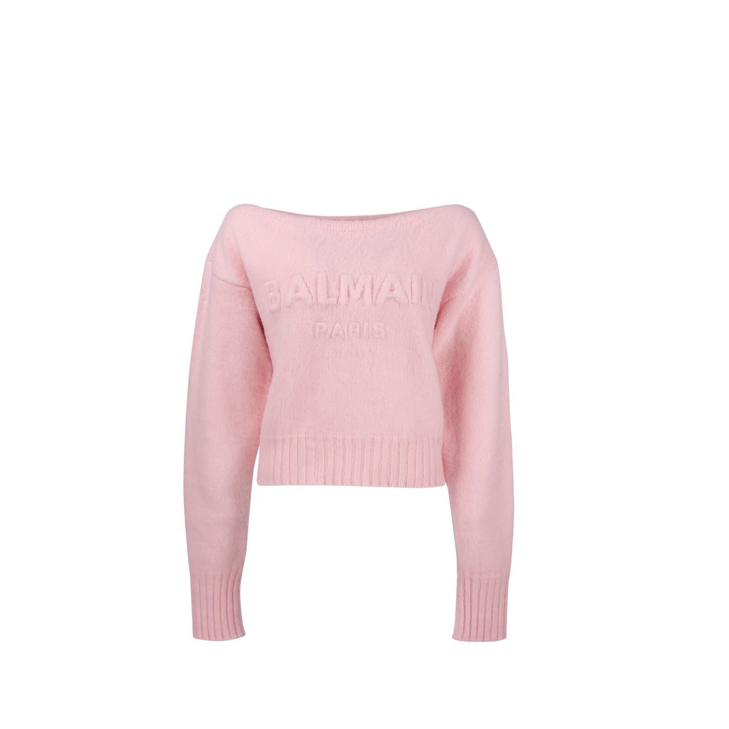 Balmain size 40 slash-neck long-sleeve jumper virgin wool / cashmere light pink
