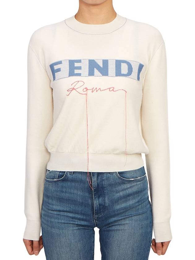 Luxury Fendi Logo Cashmere Blend Knit Top White