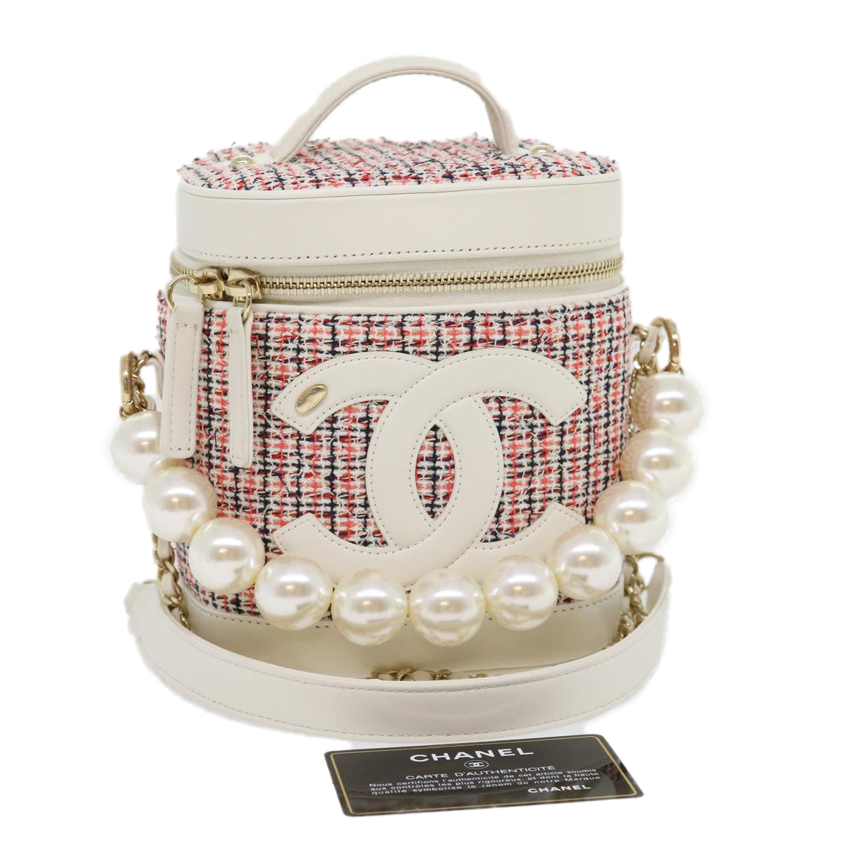Luxury Chanel Pearl Hand Bag tweed 3ways White Red CC  31176A