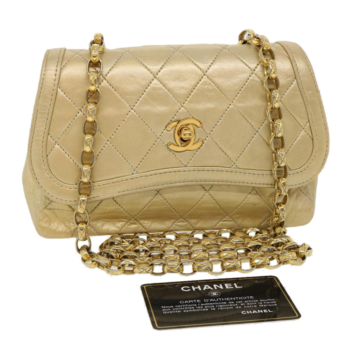 Luxury Chanel Matelasse Turn Lock Chain Shoulder Bag Lamb Skin Gold CC  31382A