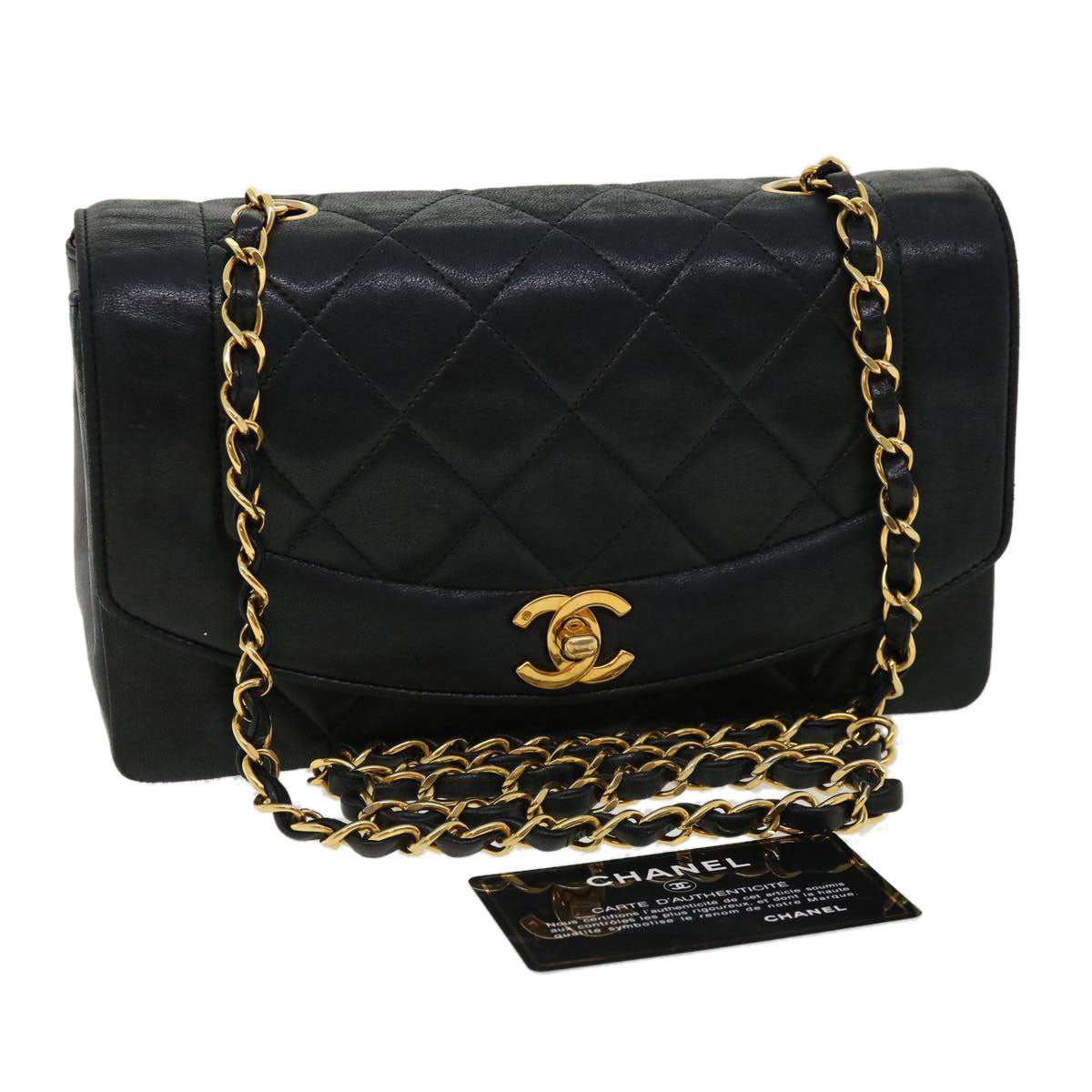 Luxury Chanel Diana Matelasse Shoulder Bag Lamb Skin Black CC  31443