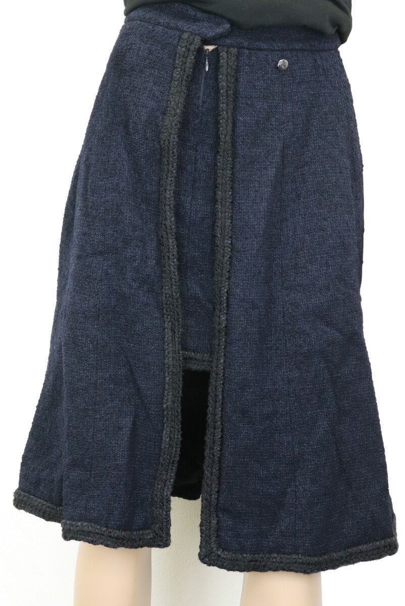 Chanel Tweed Skirt Wool Silk Nylon Navy Black #36
