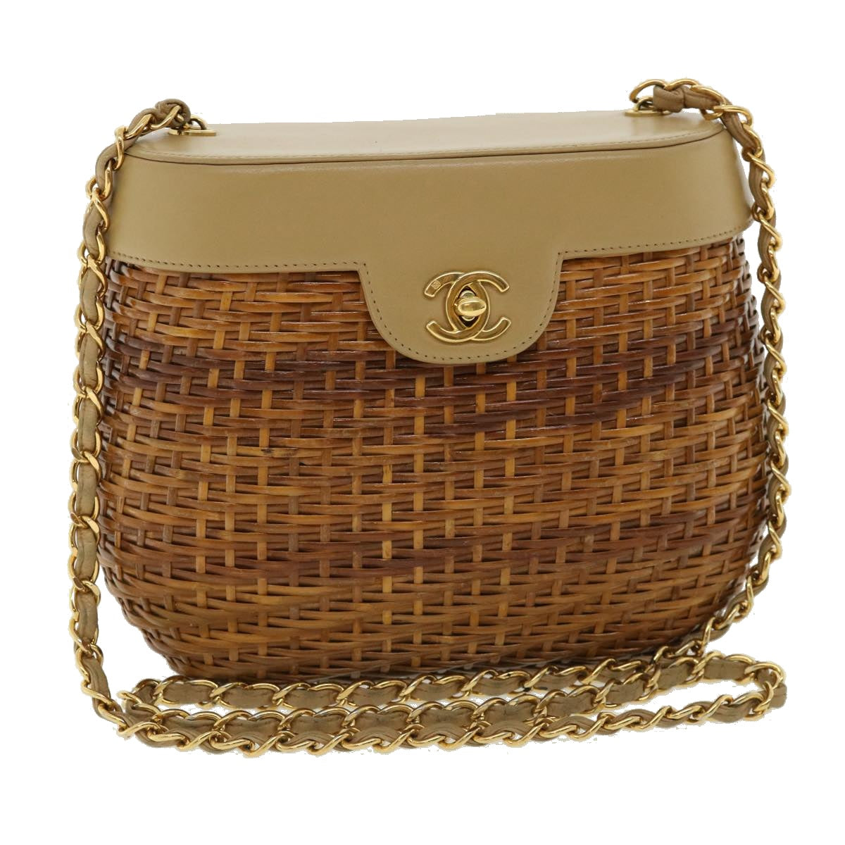 Luxury Chanel Basket Chain Shoulder Bag Leather rattan Brown CC  31896A