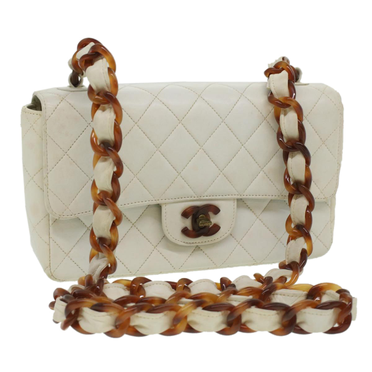 Luxury Chanel Matelasse Turn Lock Shoulder Bag Lamb Skin Brown White CC  32160A
