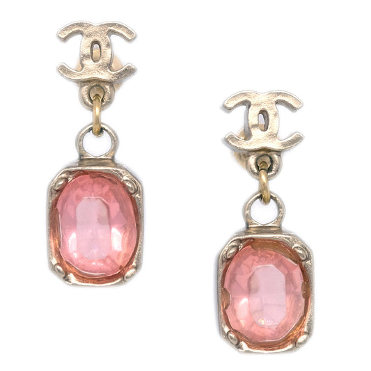 Chanel Piercing Dangle Earrings Rhinestone Gold 07A