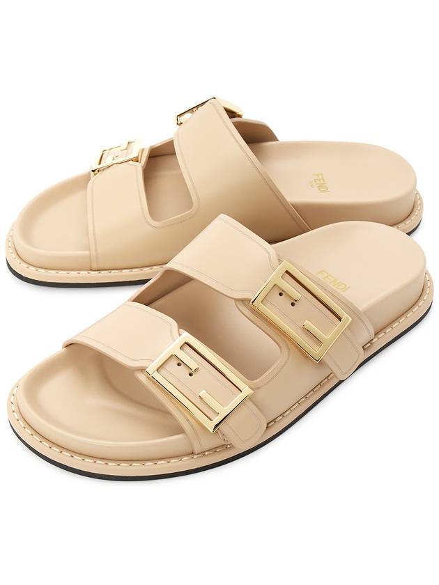 Luxury Fendi Women's FF Leather Fill Flat Sandals Slippers Beige