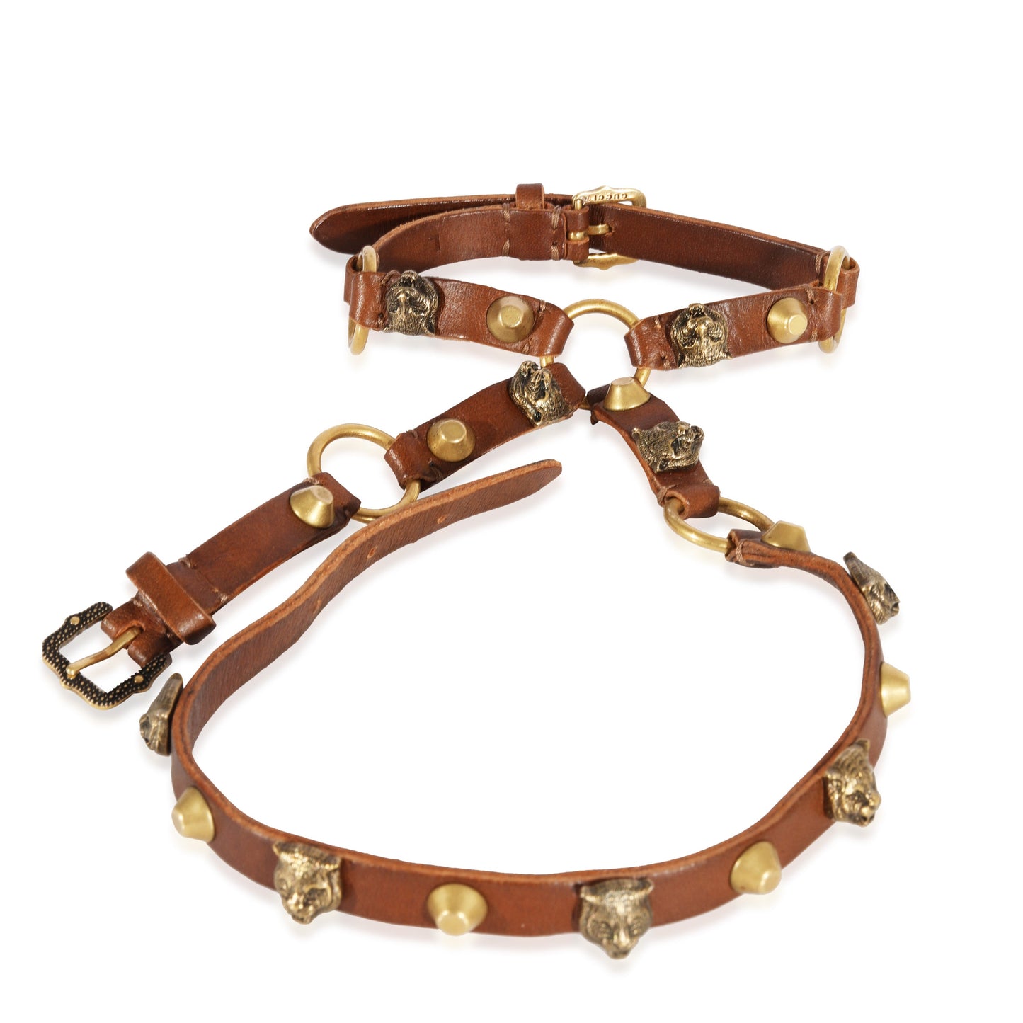Luxury Gucci Trending 2025 Gold Tone Tang Buckle Feline Head Palm Wrap Bracelet In Brown Leather