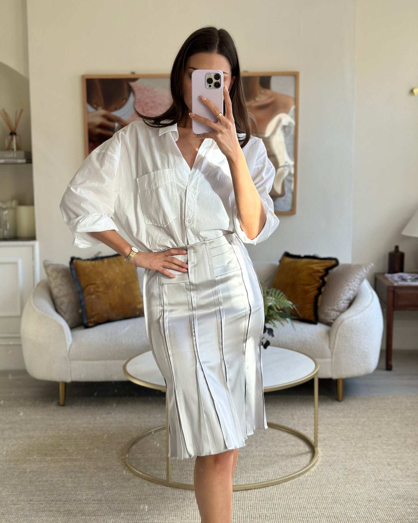Luxury Gucci Silver Silk Pleated Hem Skirt Size IT 38 (UK 6)