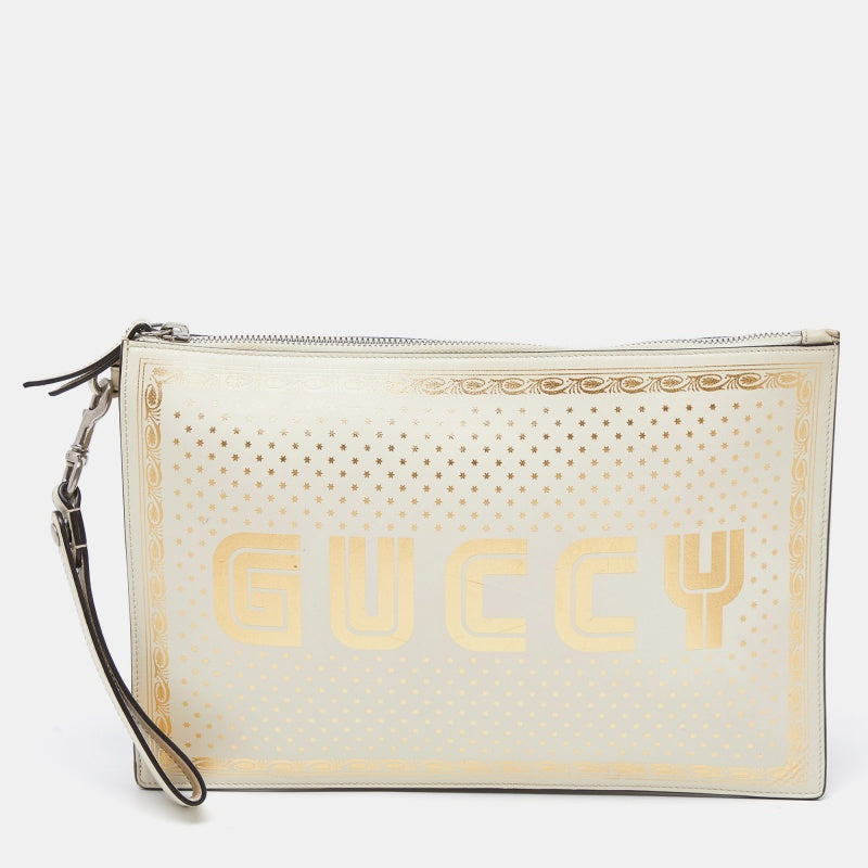 Luxury Gucci Trending 2025 Off-White Leather "Guccy" Zip Wristlet  Pouch
