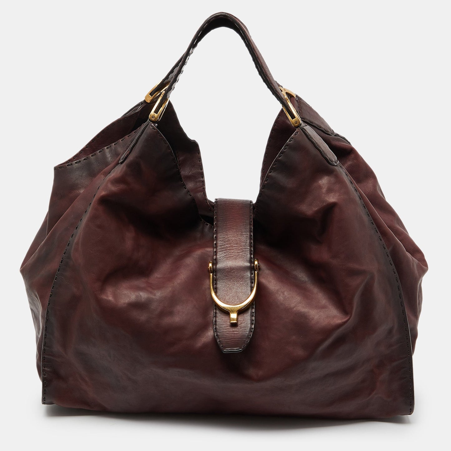 Luxury Gucci Trending 2025 Two Tone Burgundy Leather Stirrup Shoulder Bag
