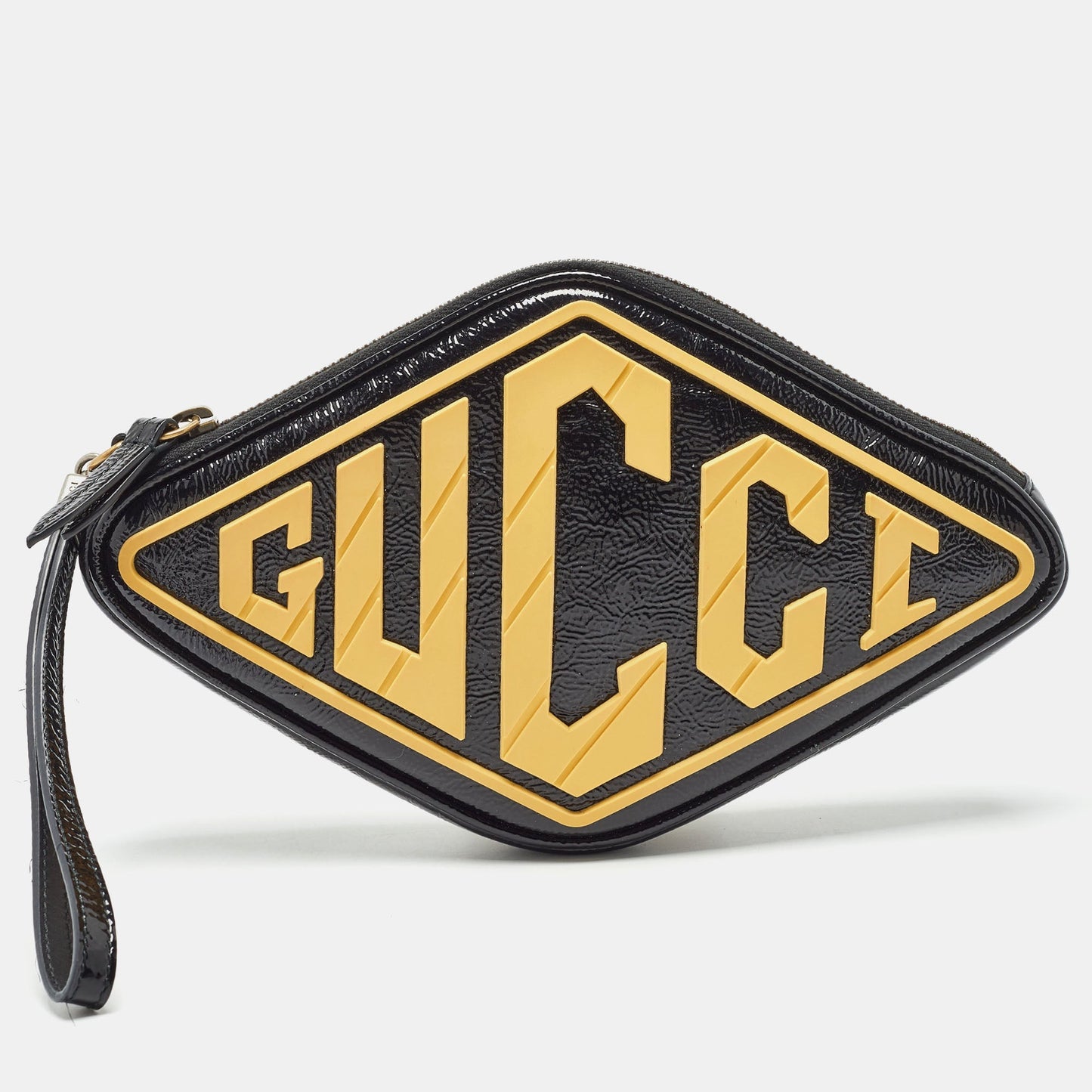 Luxury Gucci Trending 2025 Black/Yellow Patent Leather and Rubber Game Patch Wristlet Clutch