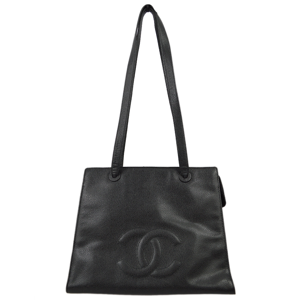 Luxury Chanel 1997-1999 Black Caviar Skin Zipper Top Tote 35