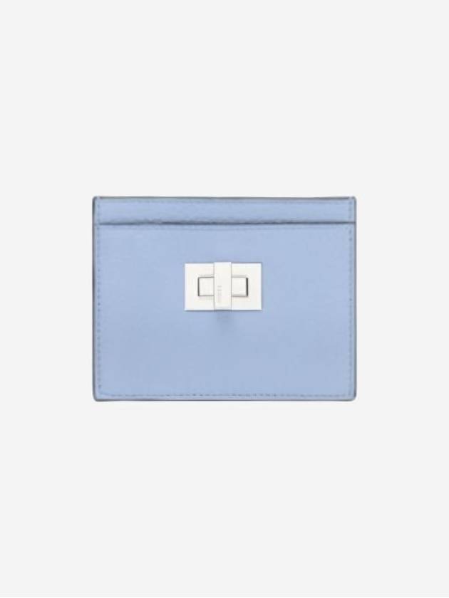 Luxury Fendi Peekaboo Selleria Leather Business Card Wallet Light Blue