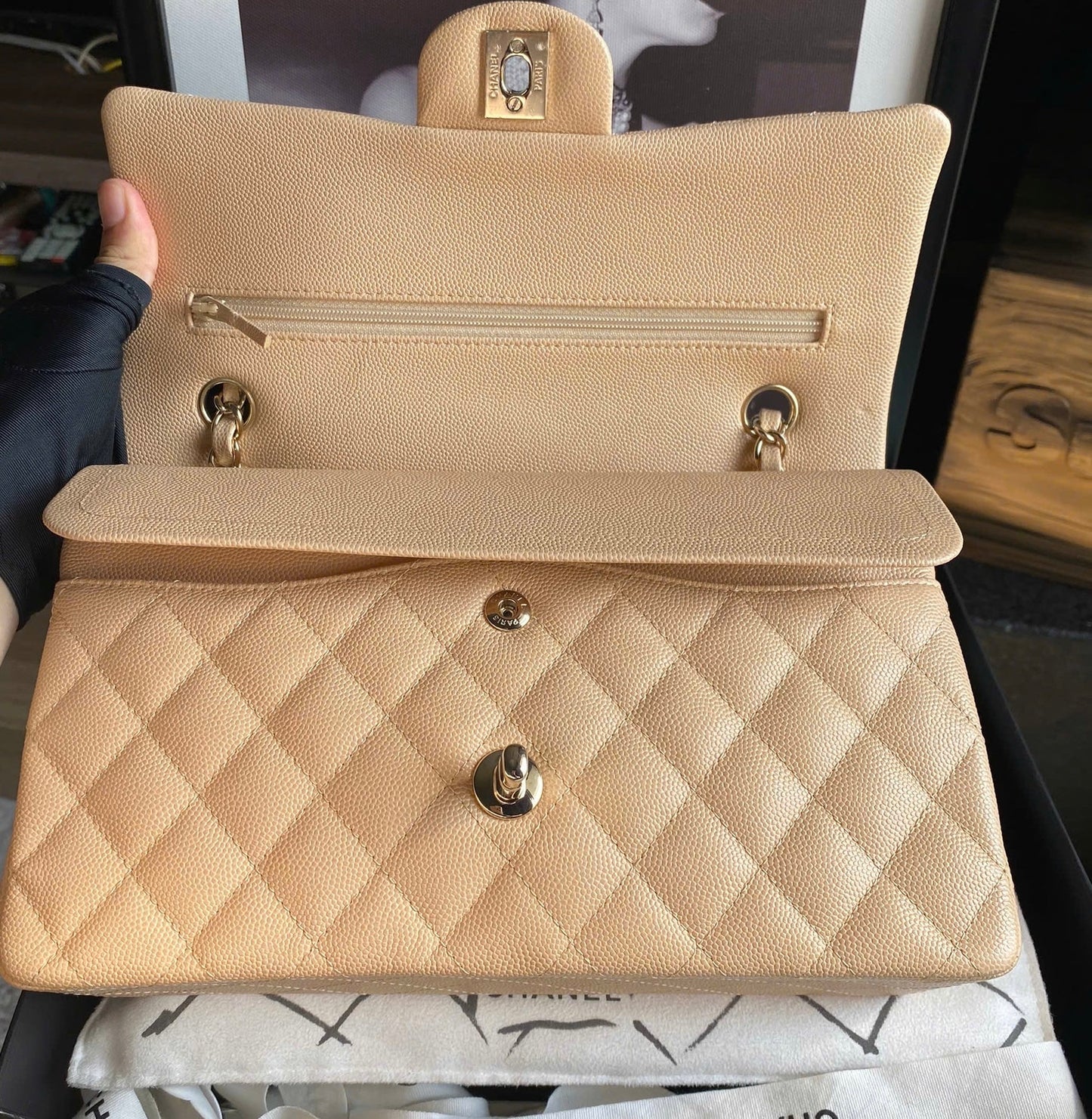 Chanel Medium Classic Handbag in Beige Caviar and Gold-Tone Metal