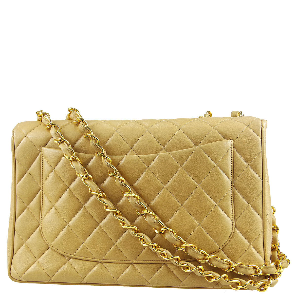 Luxury Chanel 1994-1996 * Classic Flap Jumbo Double Chain Shoulder Bag Beige Lambskin