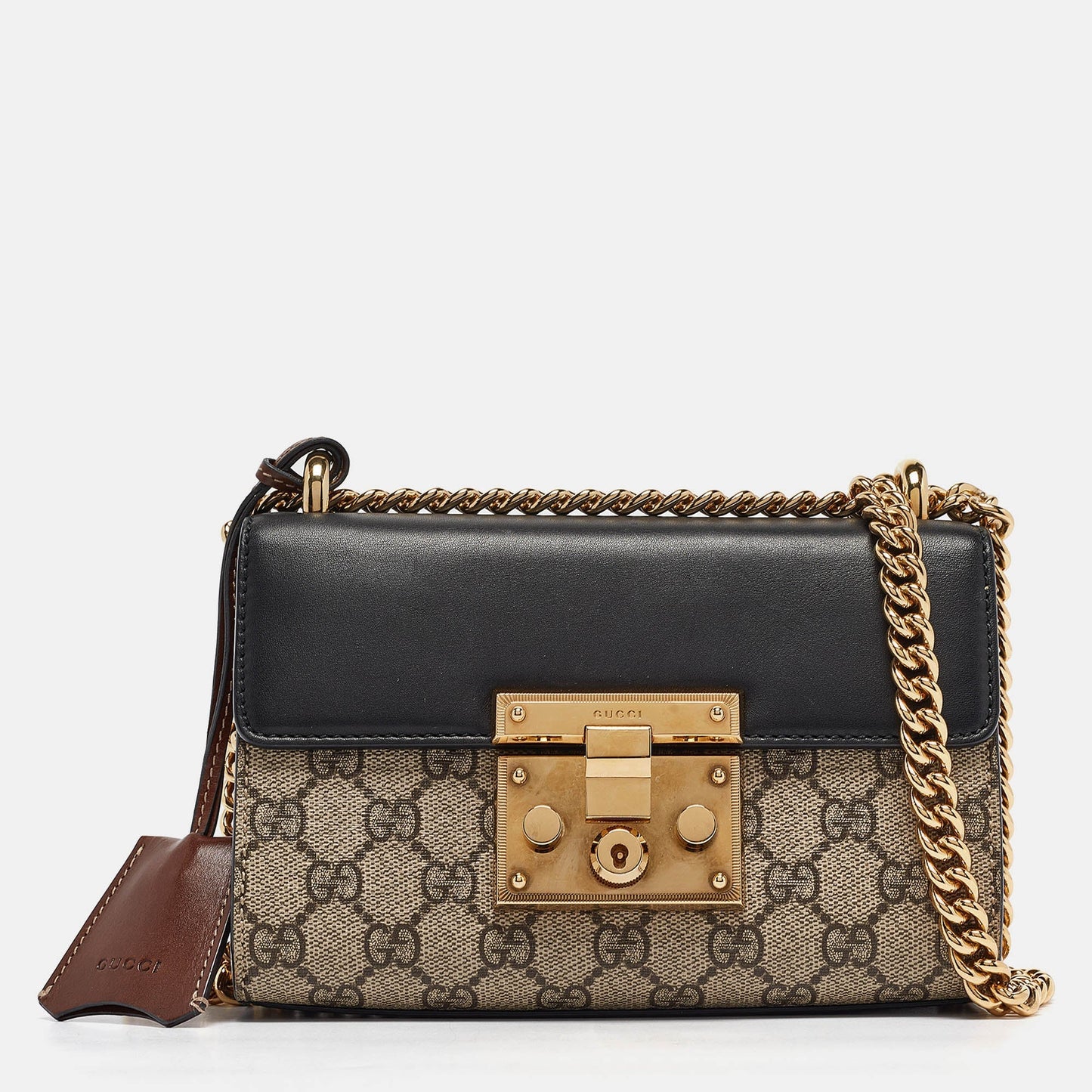 Luxury Gucci Trending 2025 Black/beige Gg Supreme Canvas And Leather Small Padlock Shoulder Bag..