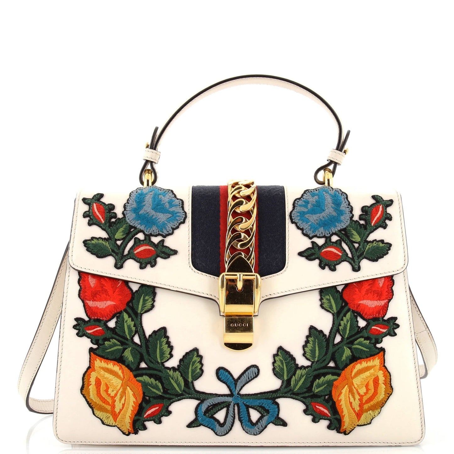Luxury Gucci Trending 2025 Sylvie Top Handle Bag Embroidered Leather Medium