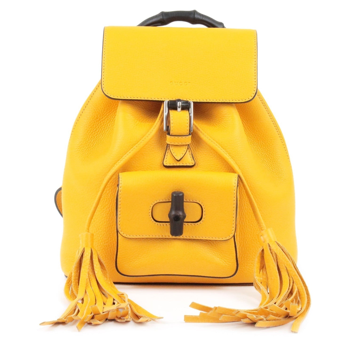 Luxury Gucci Bamboo Back Pack With Fringe Leather Yellow 387149