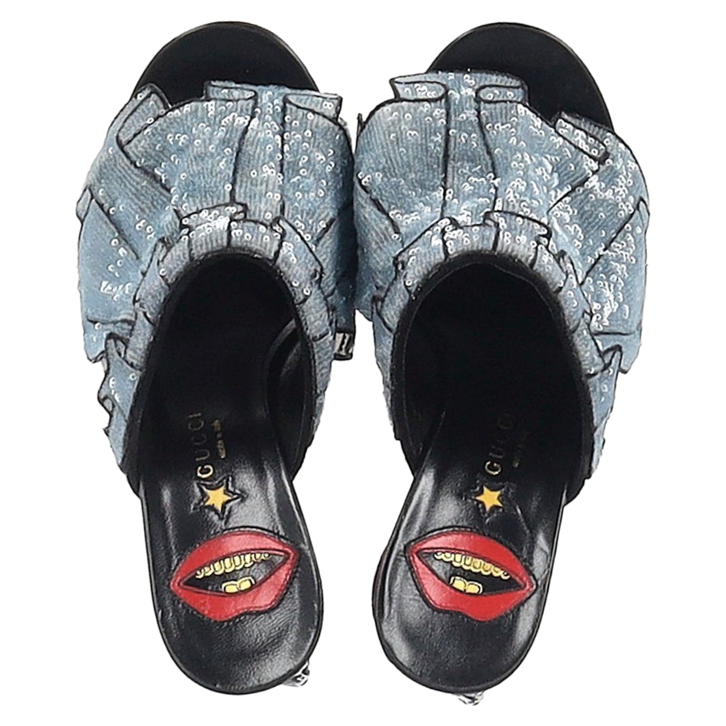Gucci Trompe L'Oeil Sequin Ruffle Block Heel Mule Sandals in Blue Silk