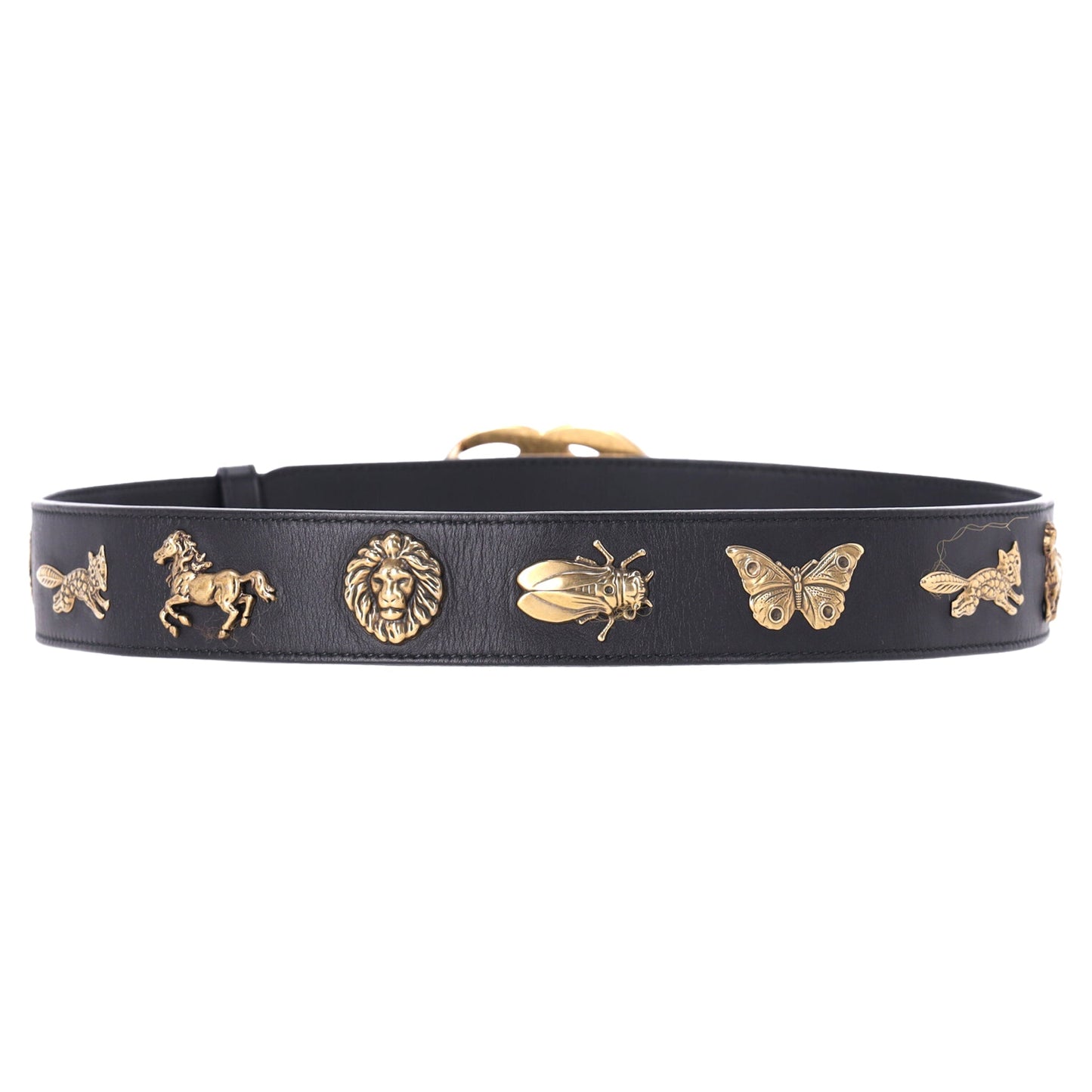 Gucci Marmont Bug Medallion Belt 80/32 in Black Smooth Leather