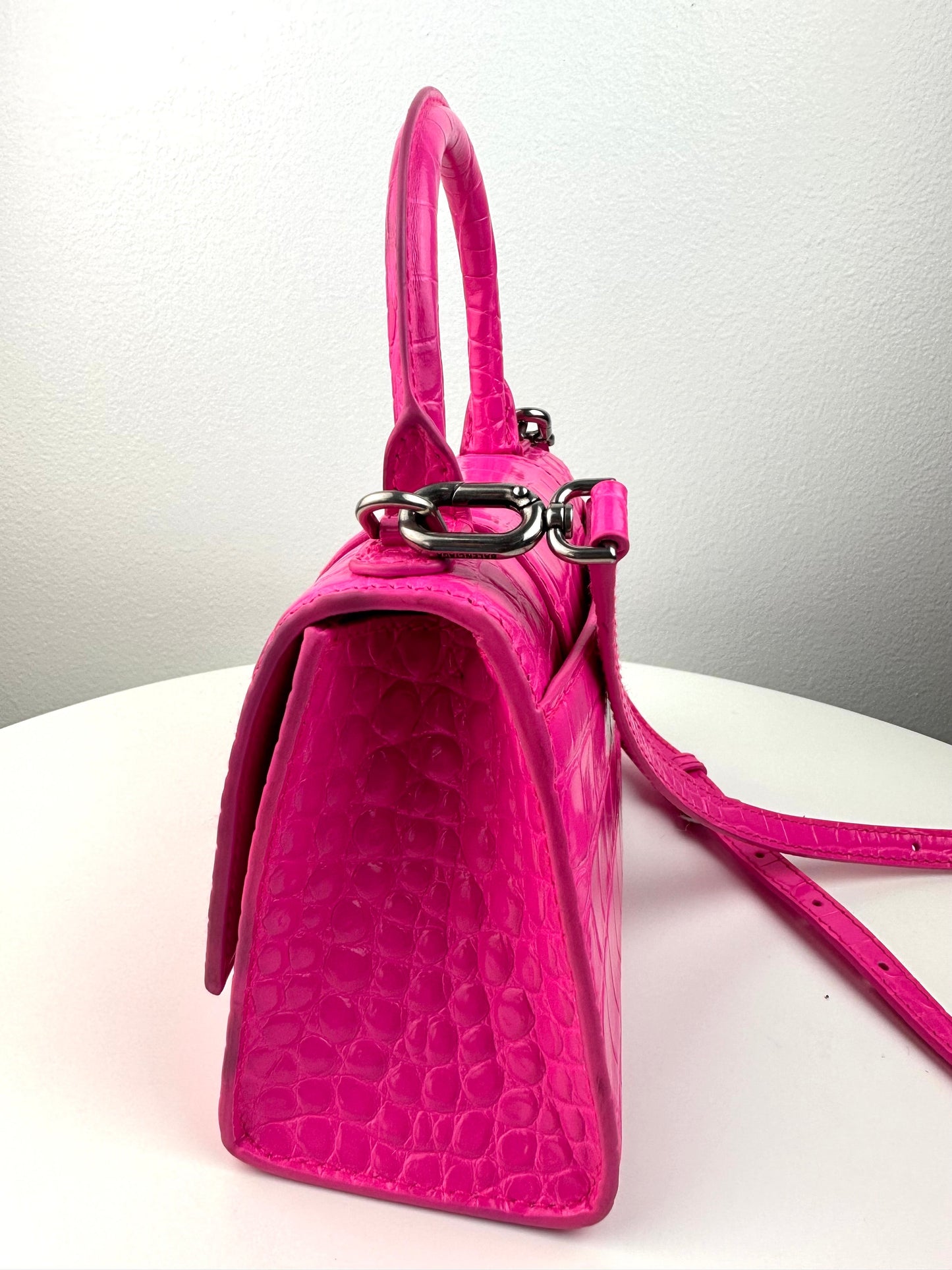 Balenciaga Pink Croc Embossed Hourglass XS Top-handle Bag