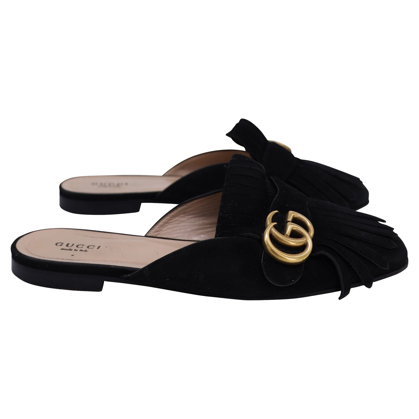Gucci GG Marmont Kiltie Mules in Black Suede