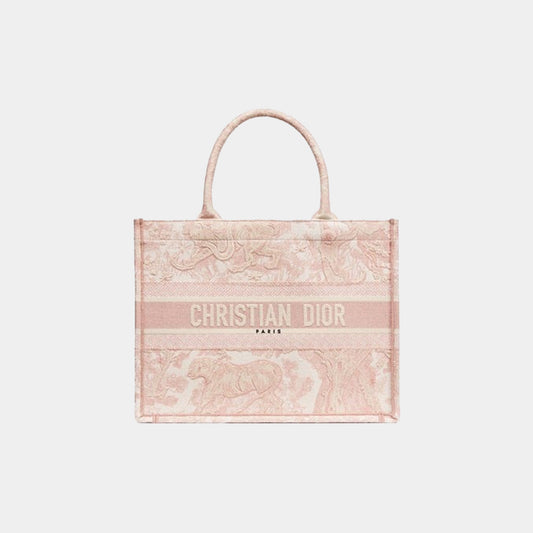 Medium Luxury Dior Book Tote Ecru and Pink Toile de Jouy Embroidery