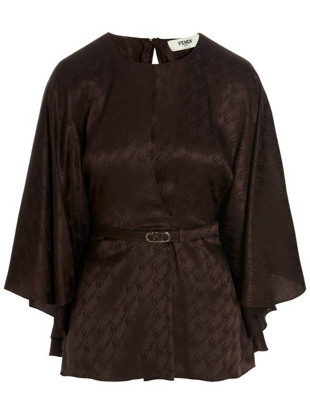Luxury Fendi All-Over Logo Belt Flare Blouse Brown