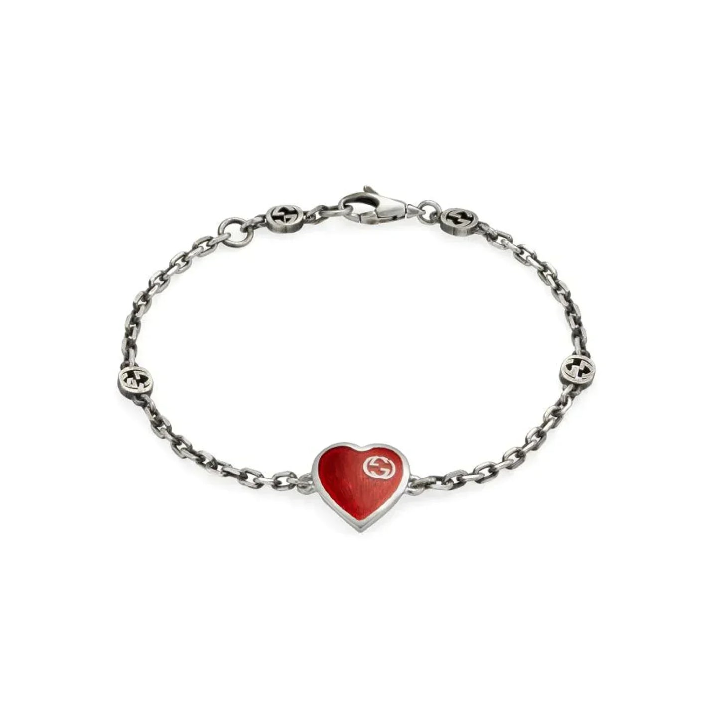Luxury Gucci GG HEART AGED FINISH STERLING SILVER RED ENAMEL BRACELET