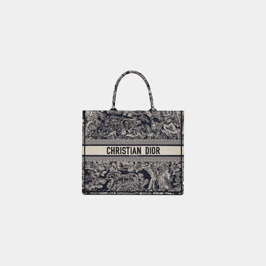 Large Luxury Dior Book Tote Blue and Ecru Toile de Jouy Reverse Embroidery