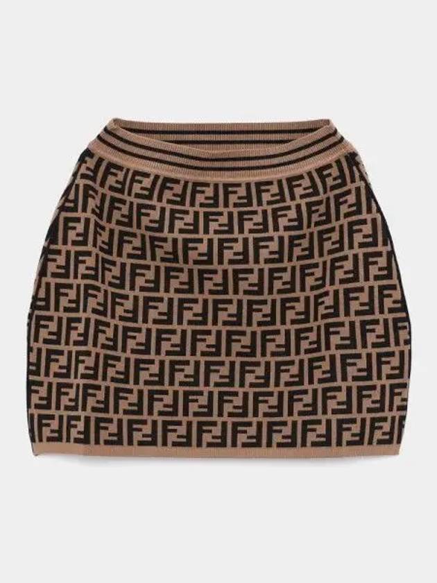 Luxury Fendi Kids FF All Over Knit Skirt Brown
