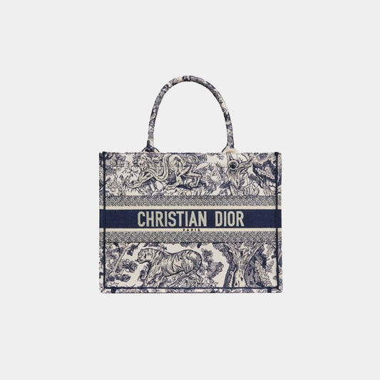 Medium Luxury Dior Book Tote Ecru and Blue Toile de Jouy Embroidery
