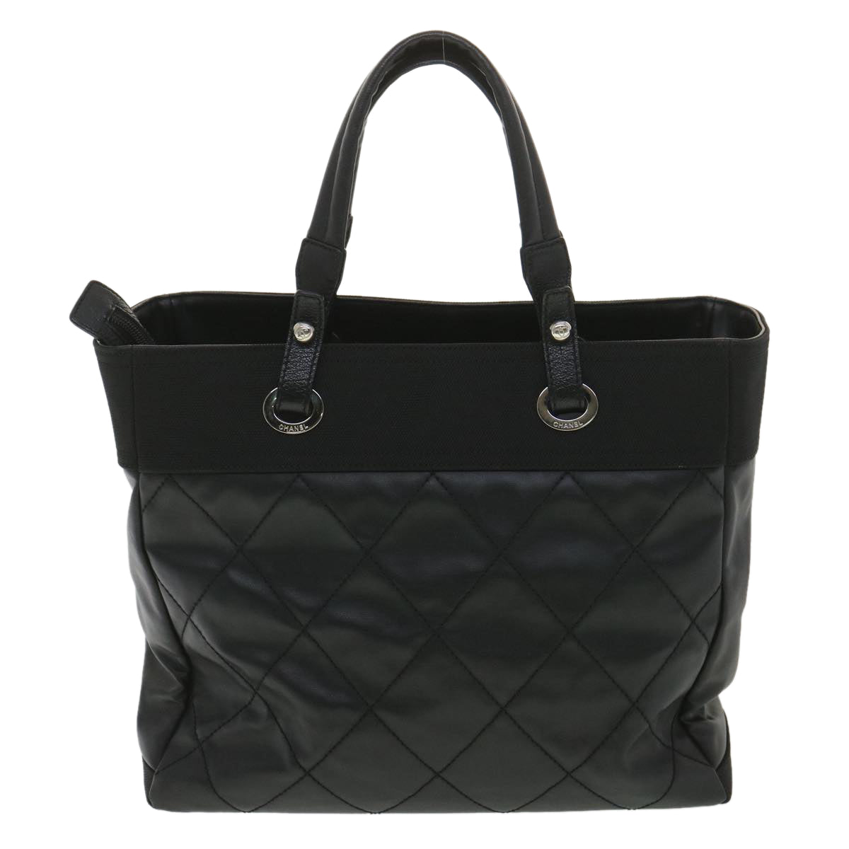 Luxury Chanel Paris Biarritz MM Tote Bag Coated Canvas Black CC  37855