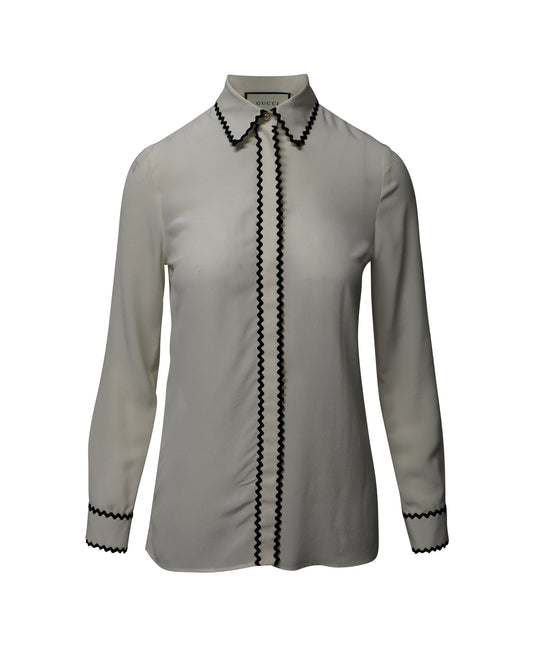 Luxury Gucci Trending 2025 Shirt Blouse with Zigzag Edges in Cream Silk