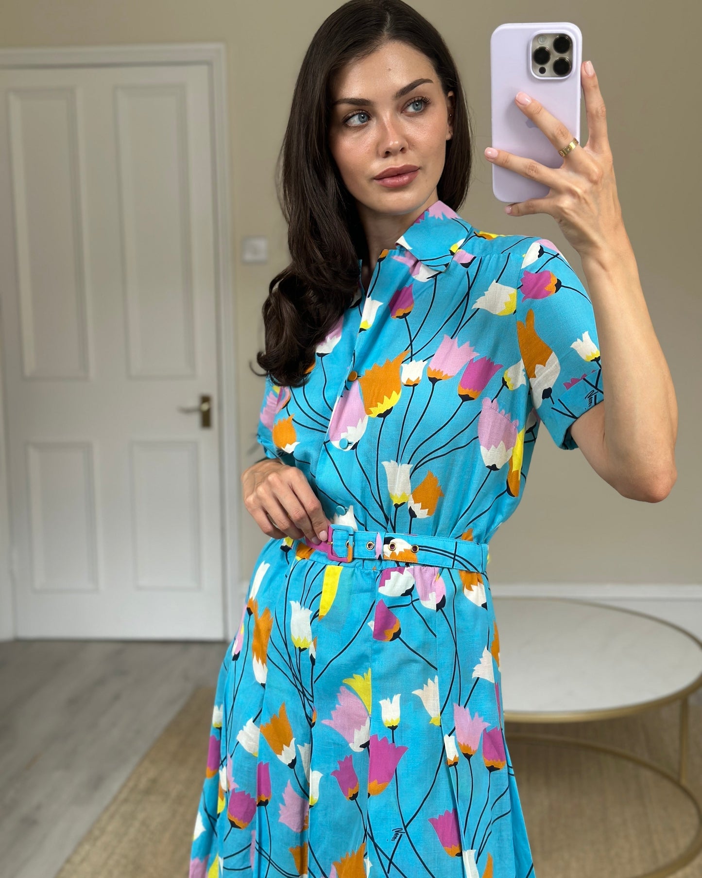 Luxury Gucci Trending 2025 Blue Floral Linen Blend Belted Midi Dress Size IT 40