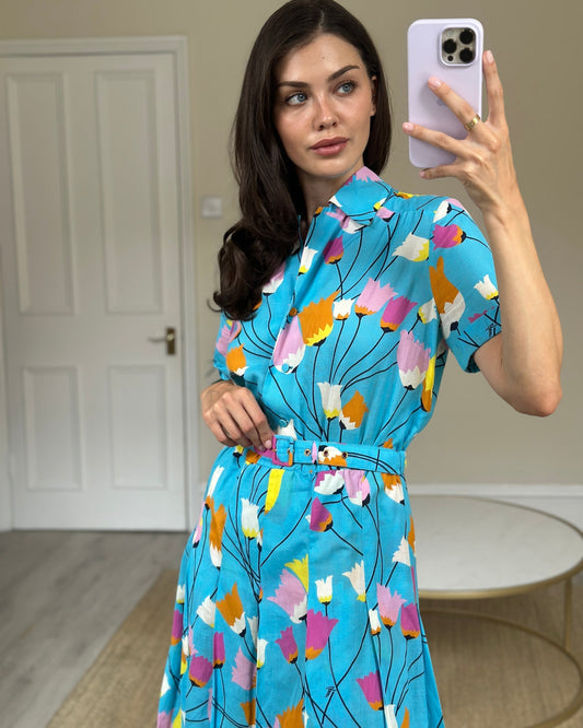 Luxury Gucci Trending 2025 Blue Floral Linen Blend Belted Midi Dress Size IT 40