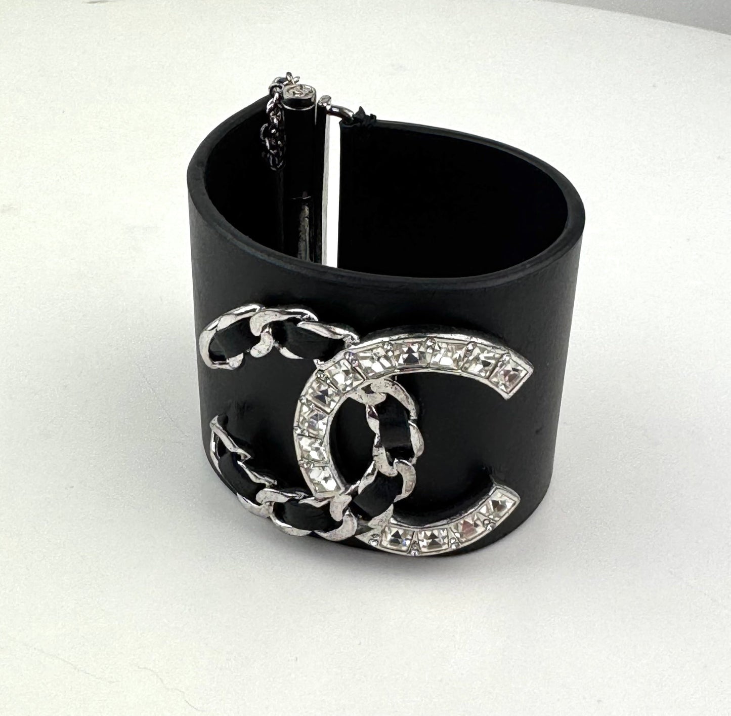 Chanel Lambskin Baguette Crystal CC Chain Cuff Bracelet black