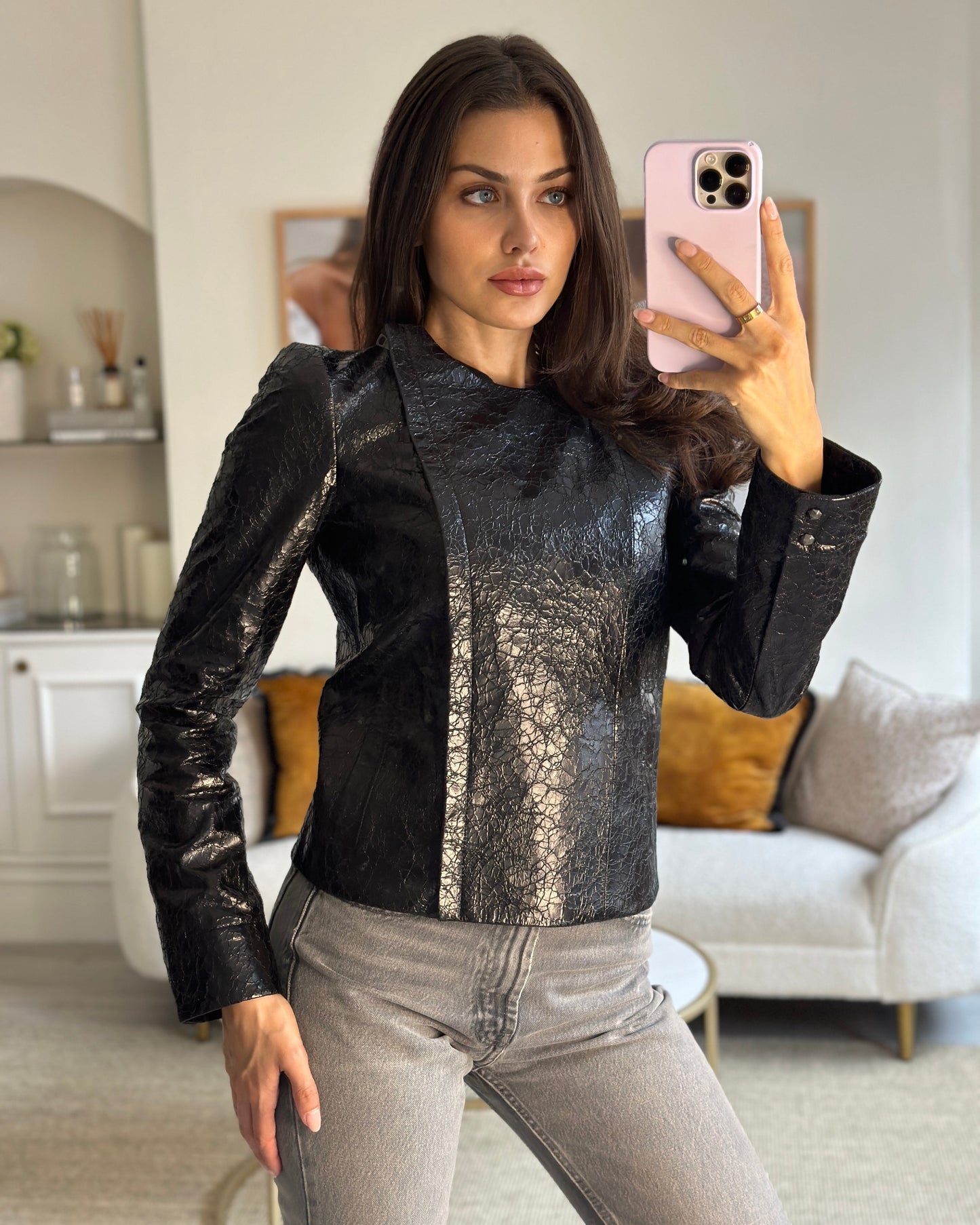 Luxury Gucci Black Lambskin Leather Jacket with Cracked Leather Effect Size IT 38 (UK 6)