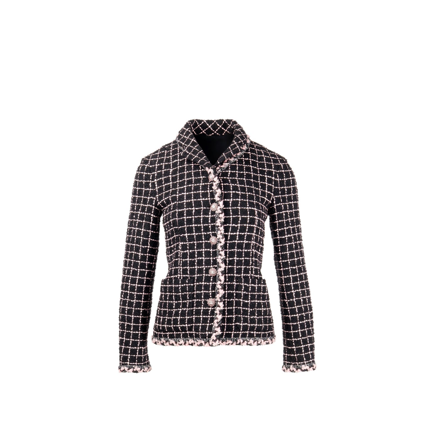 Chanel Size 36 Camellia Detailed Button Tweed Jacket Wool/Polyamide Black/Pink