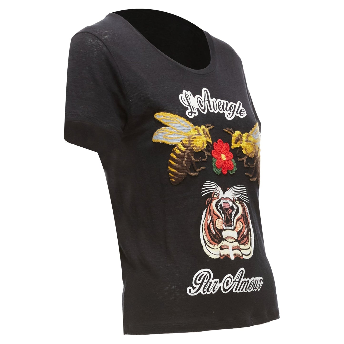 Gucci L'aveugle Par Amour Linen Tiger Rose Print Patch Tshirt