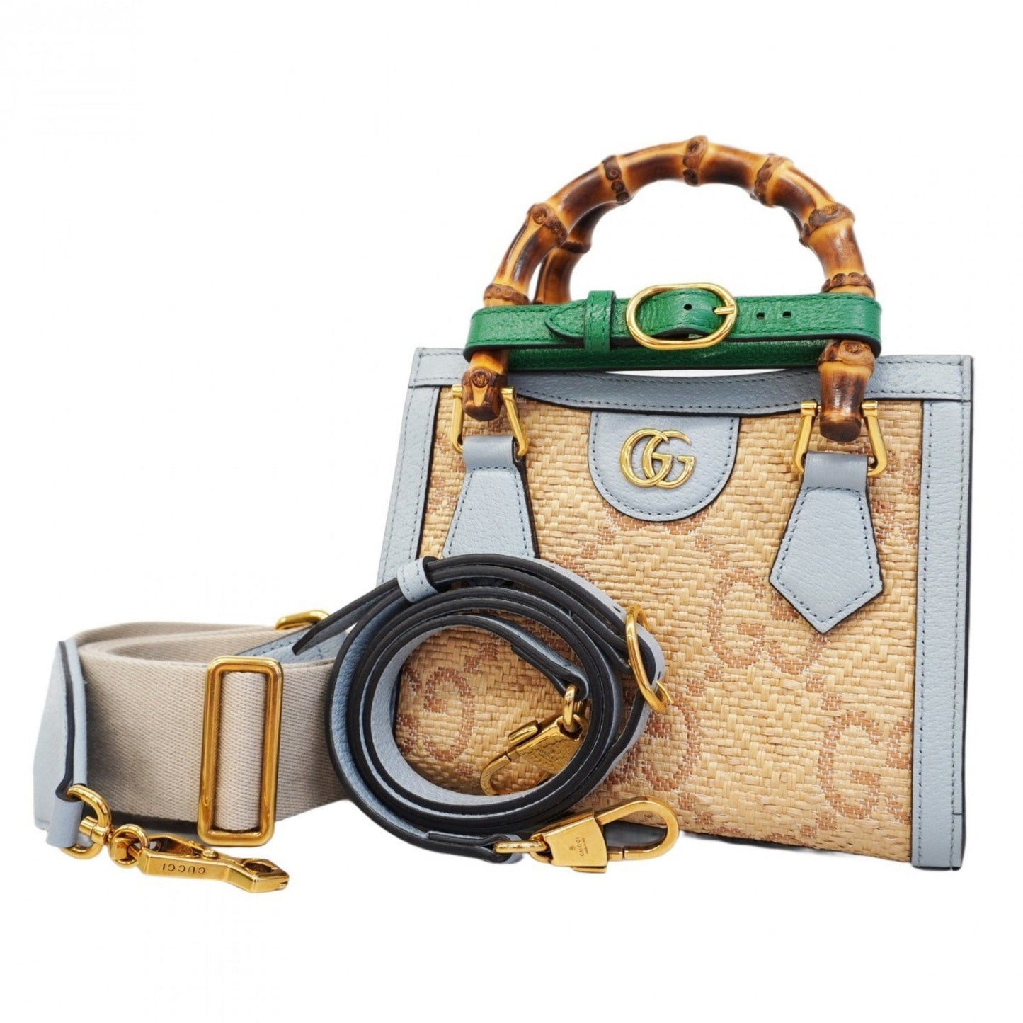 Gucci  blue Leather Raffia Handbag