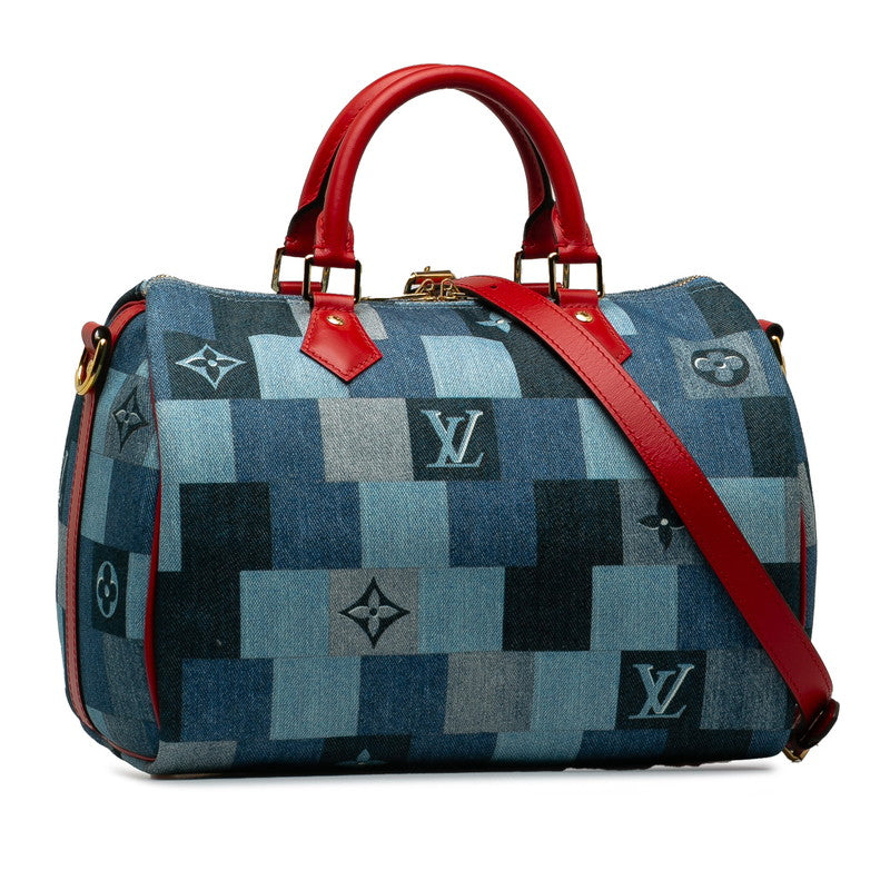 Louis Vuitton Monogram Denim Speedyy Bandouliere 30 Square Patchwork Handbag Shoulder Bag 2WAY M45041 Blue Red Denim Leather  Louis Vuitton