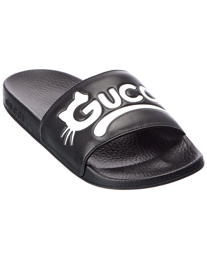 Gucci Kitty Logo Leather Slide