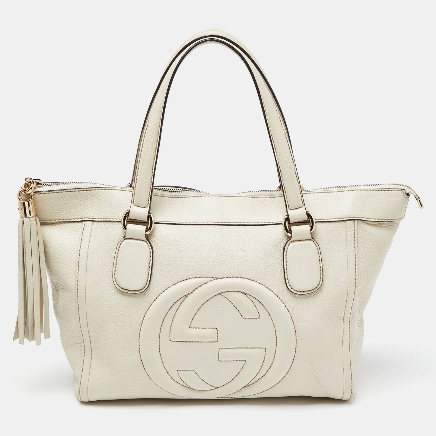 Luxury Gucci Trending 2025 Cream Leather Soho Zip Tassel Tote